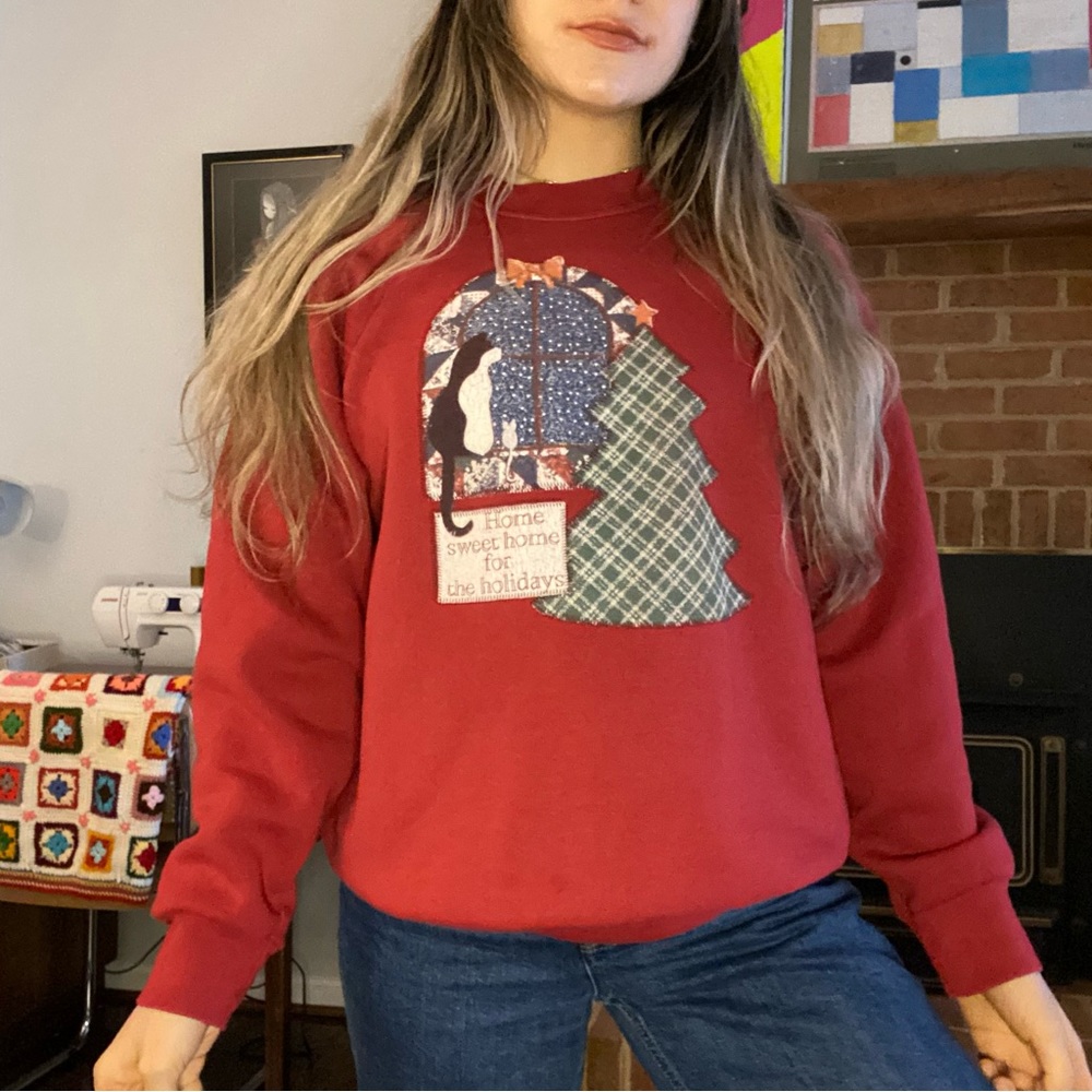 Vinatge 90s Cat Patchwork Quilt Print Snowy Windows Raglan Crewneck Swea…